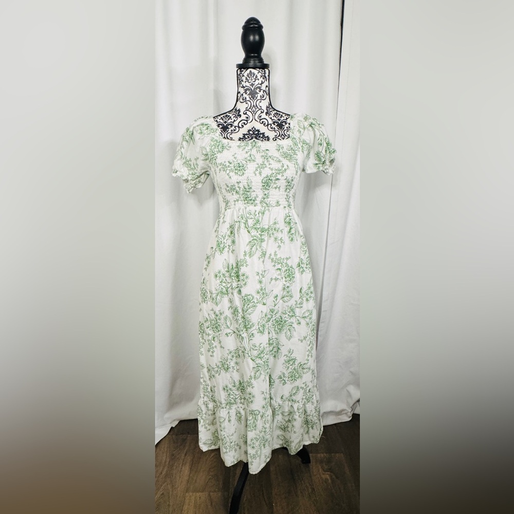 Smocked White Midi Dress with Green Floral Print